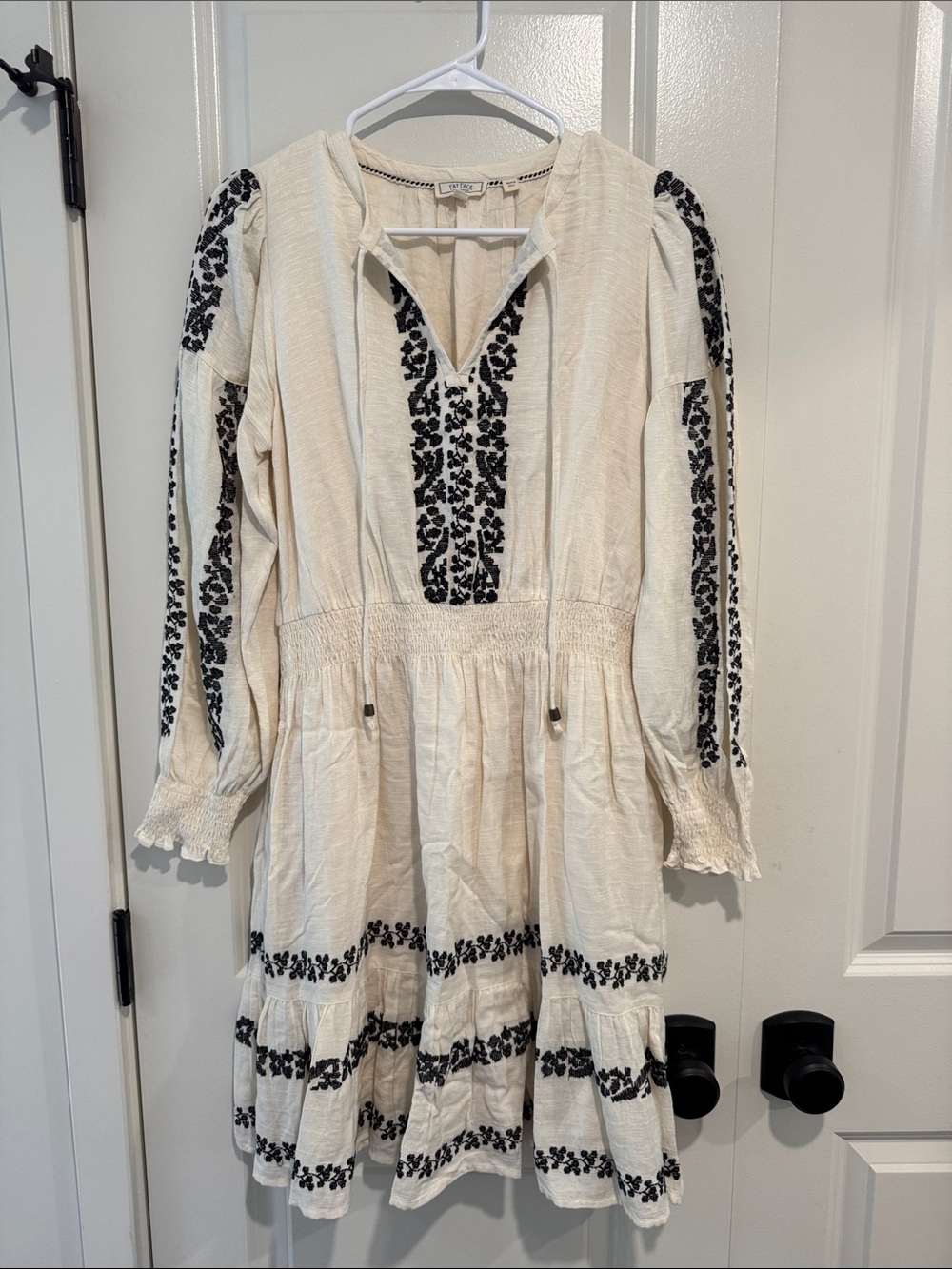 Fat Face Cream Long-Sleeve Embroidered Peasant Dress with Black Detail